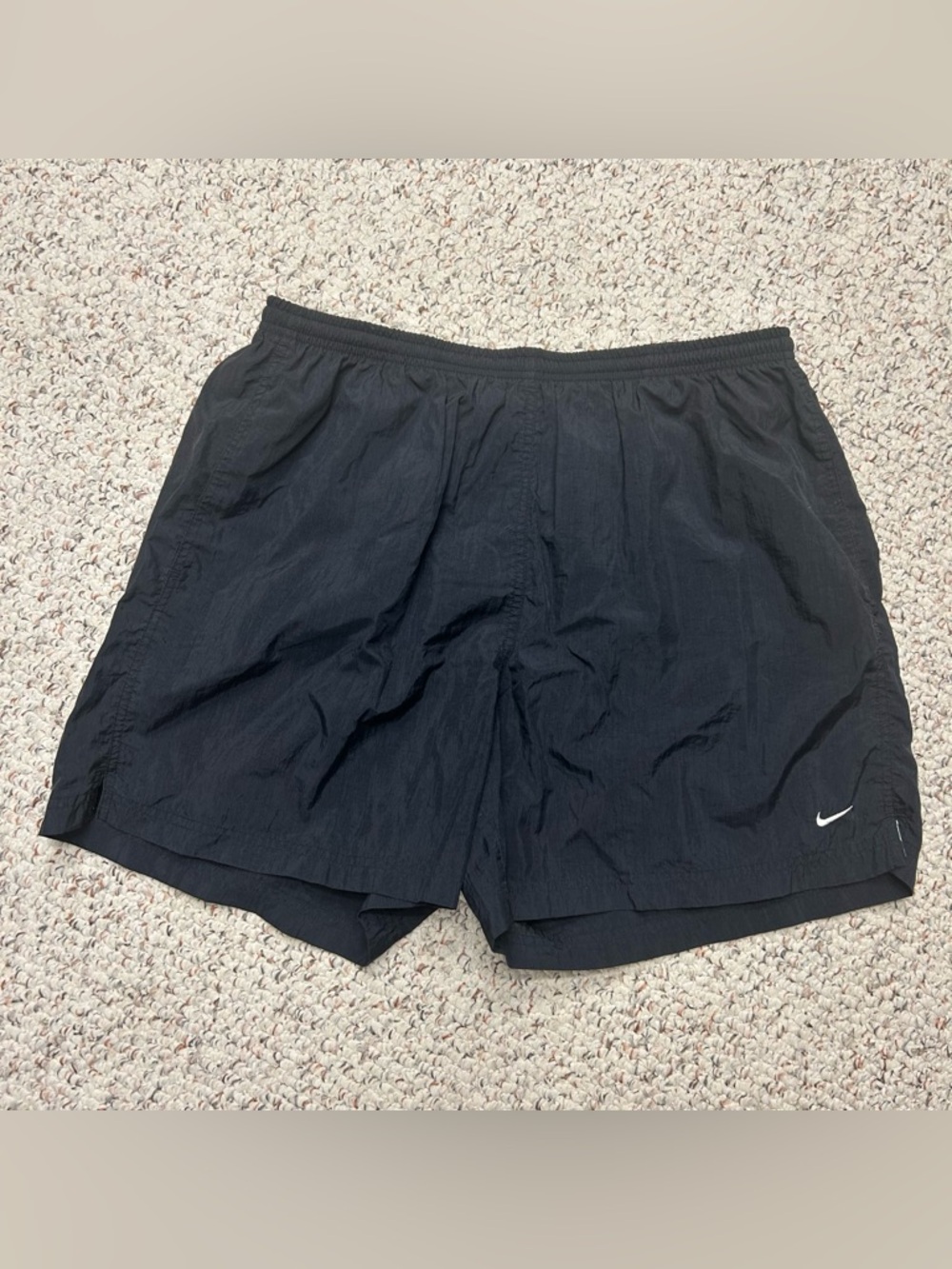 Vintage Nike Nylon Black Shorts Mini Swoosh Grey Tag XL Drawstring 90s 6 Inseam